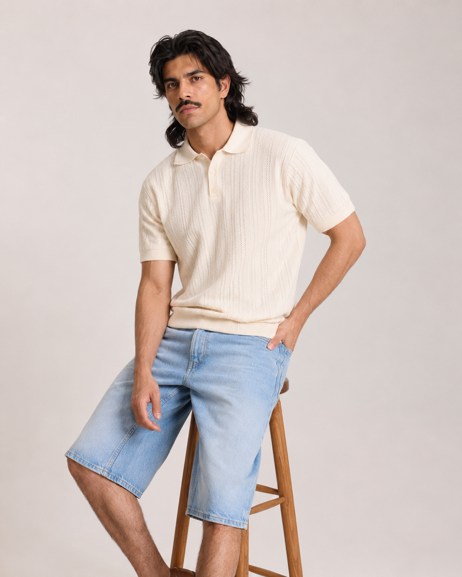 Ivory Old Money Jacquard Polo T-Shirt for Men
