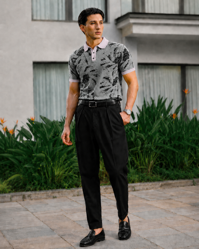 Grey Palm Leaf Polo T-Shirt for Men