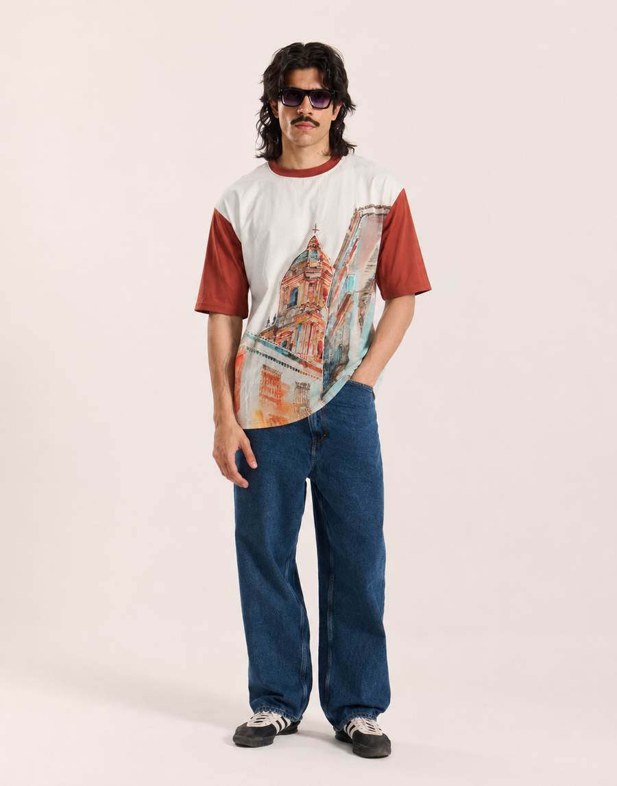 White Cathedral Print Oversized T-Shirt for Men