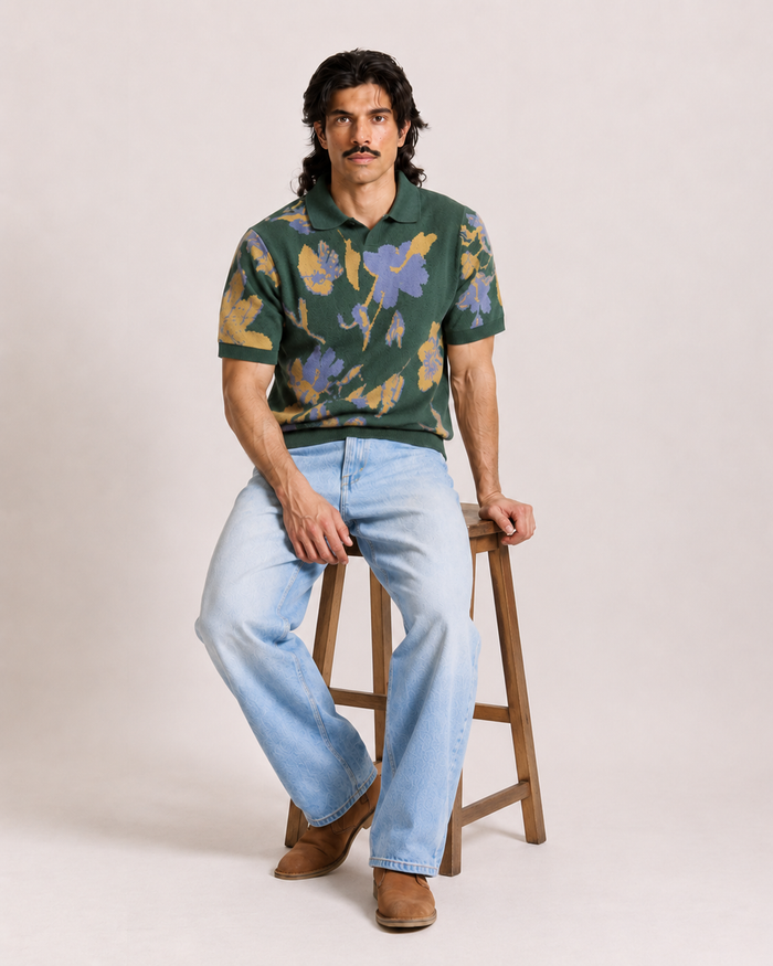 Teal Green Jacquard Polo T-Shirt for Men