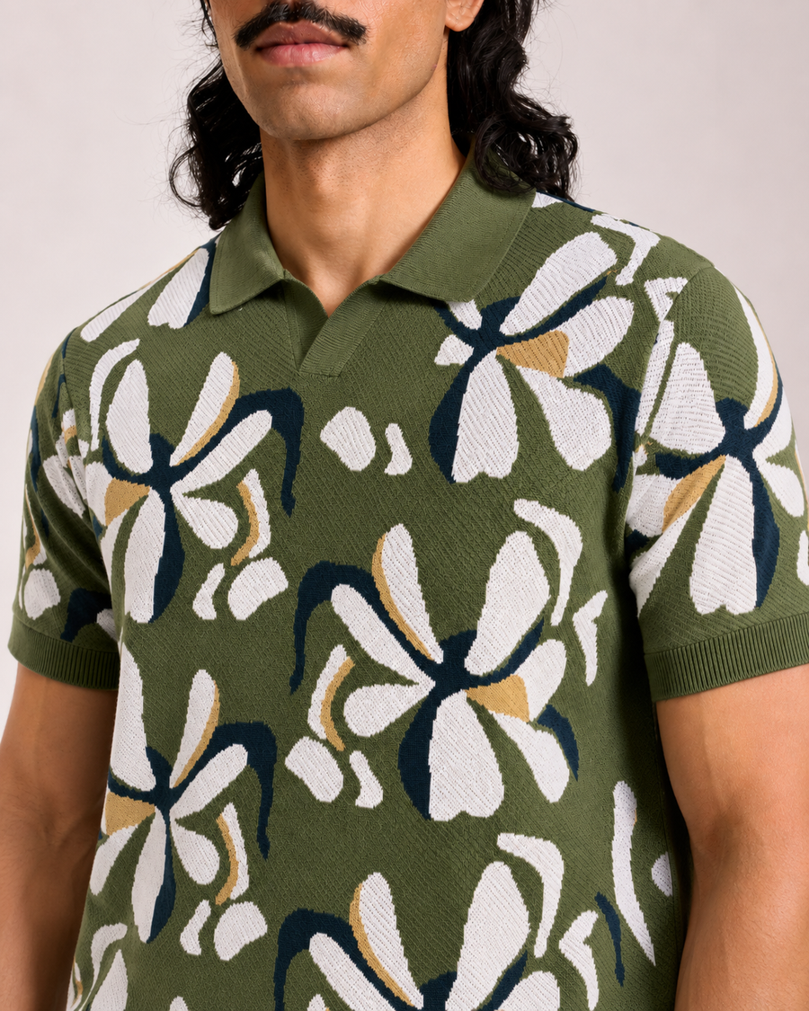 Olive Jacquard Leaf Print Polo T-Shirt for Men