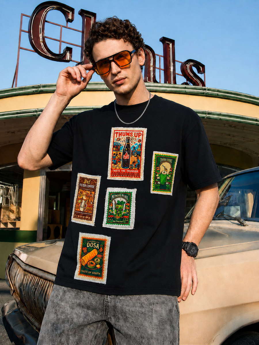 Black Graphic Round Neck T-Shirt for Men