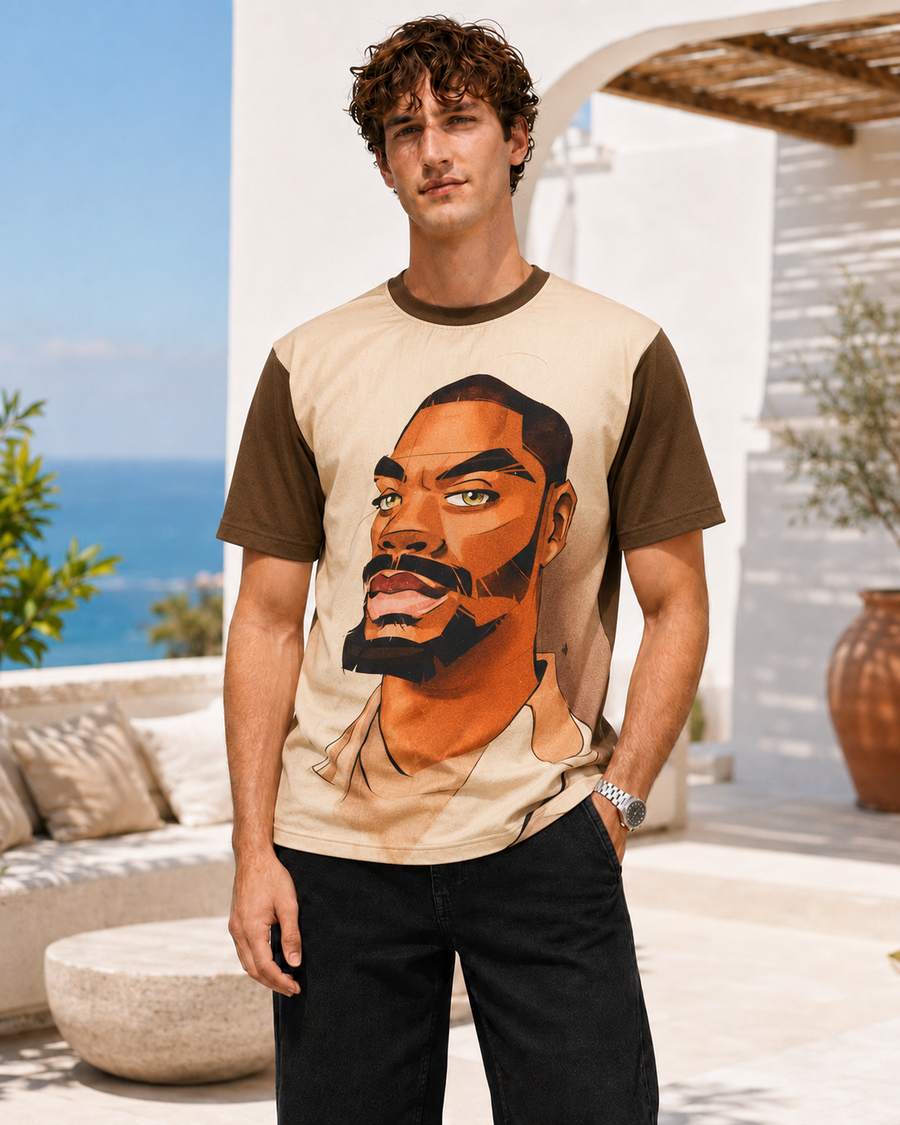 Beige Face Print Oversized T-Shirt for Men