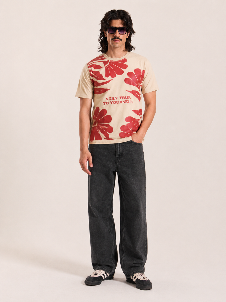 Cream Leaf Print Cotton T-Shirt for Men