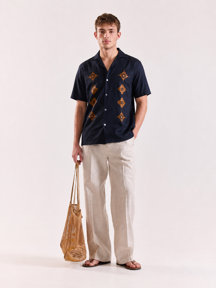 Navy Blue Printed Cuban Collar Shirt for Men