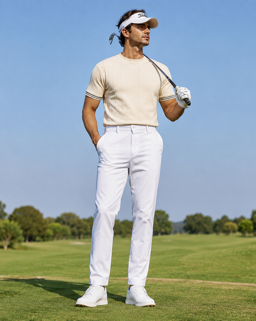Premium Cream Jacquard Knit T-Shirt for Men