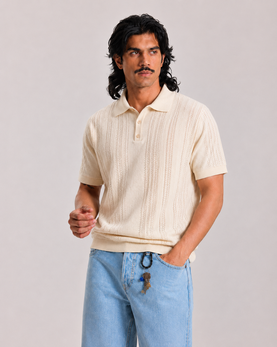 Ivory Old Money Jacquard Polo T-Shirt for Men