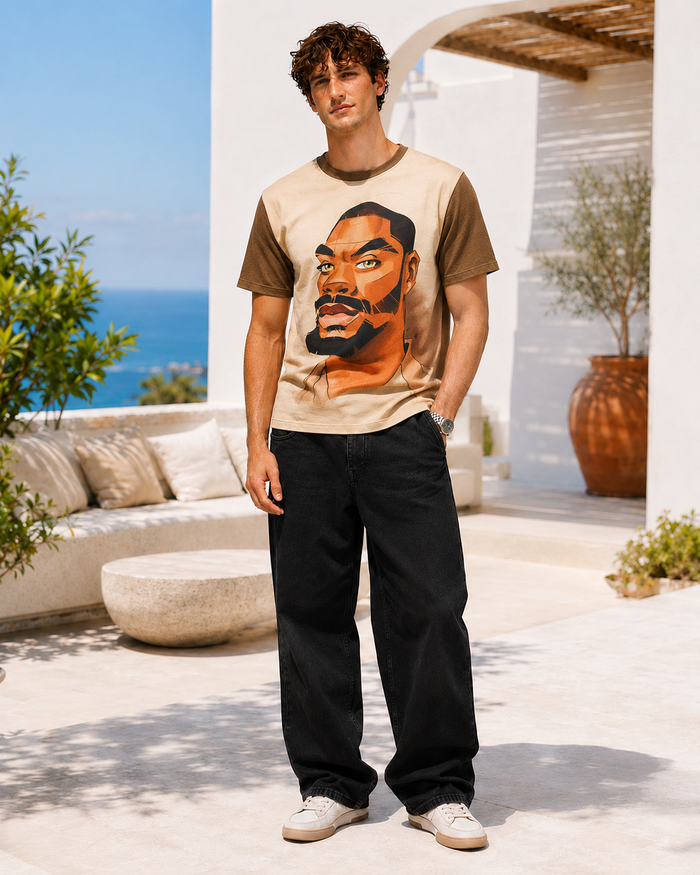 Beige Face Print Oversized T-Shirt for Men