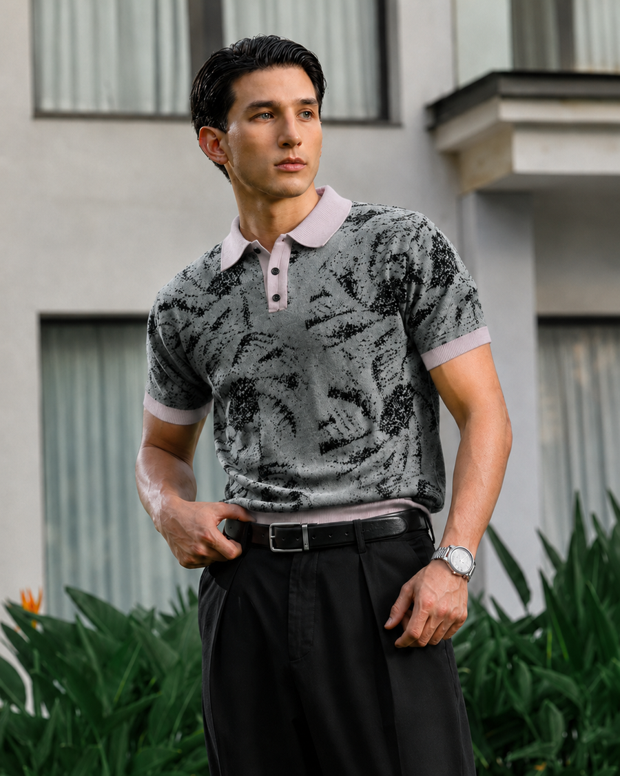 Grey Palm Leaf Polo T-Shirt for Men