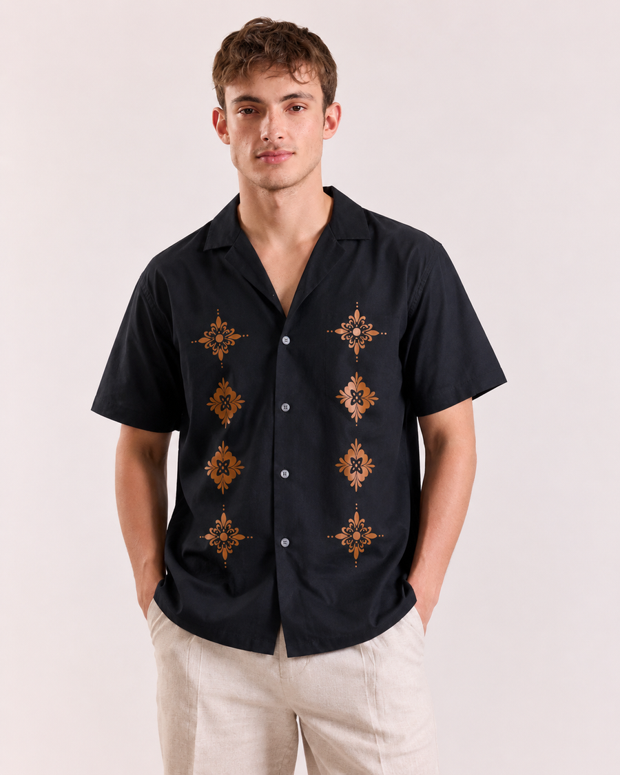 Navy Blue Printed Cuban Collar Shirt for Men