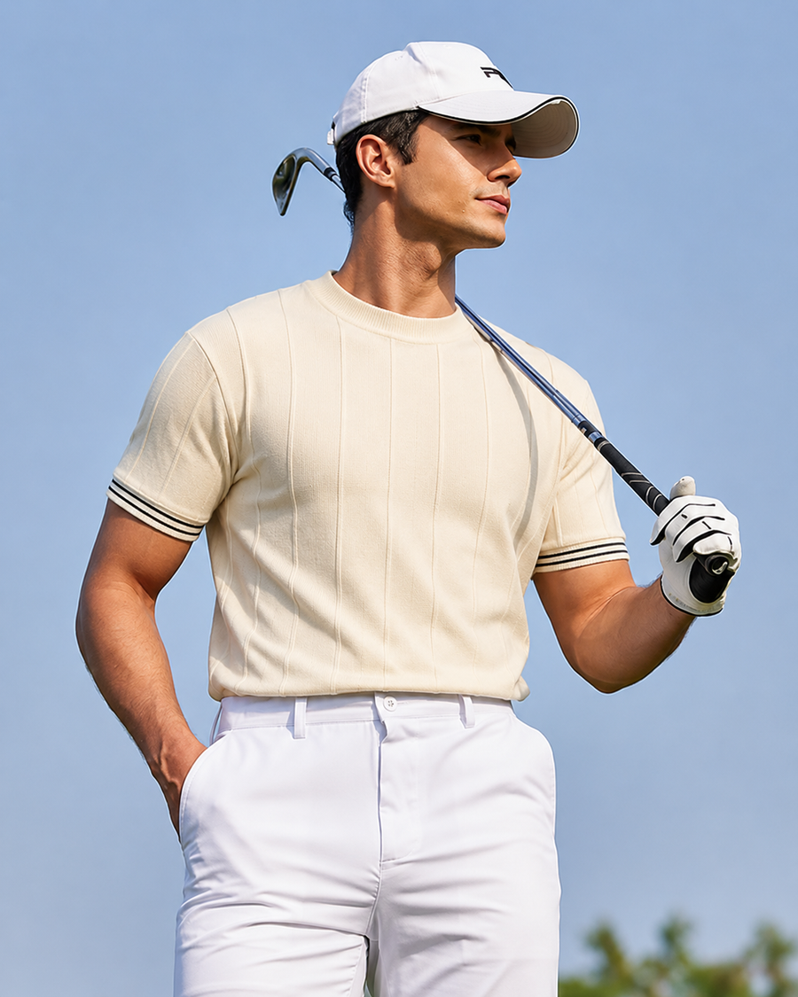 Premium Cream Jacquard Knit T-Shirt for Men