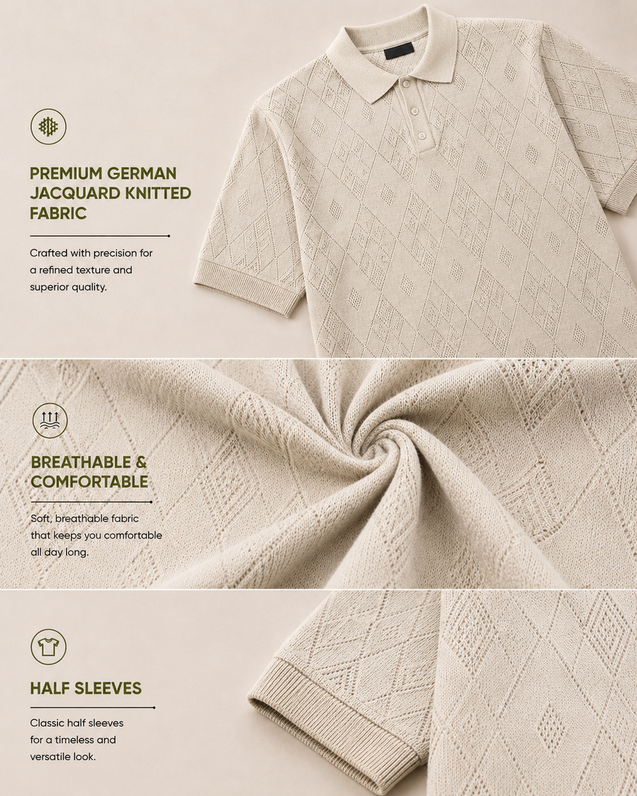Premium Beige Knit Polo T-Shirt for Men