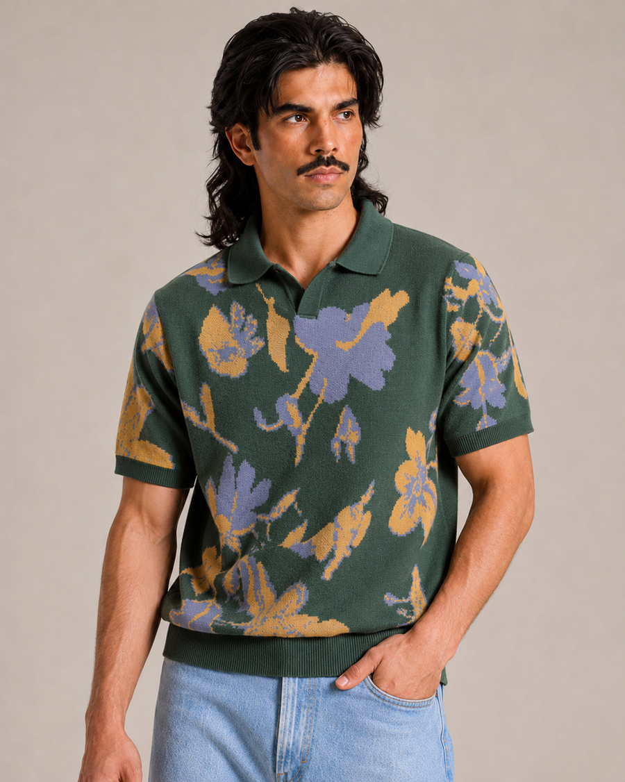 Teal Green Jacquard Polo T-Shirt for Men