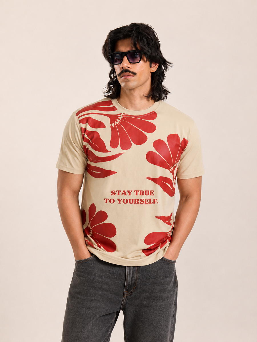 Cream Leaf Print Cotton T-Shirt for Men