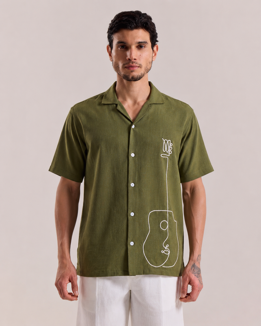 Olive Green Cuban Collar Shirt for Men