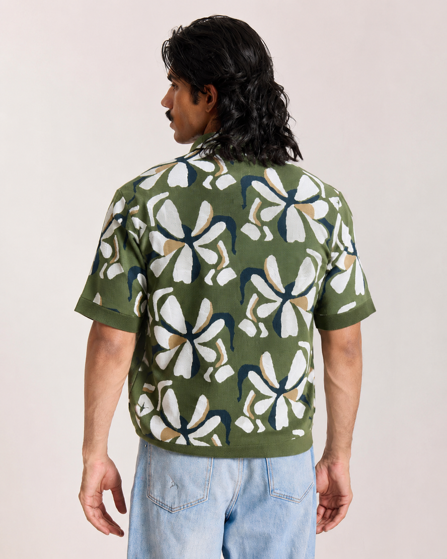 Olive Jacquard Leaf Print Polo T-Shirt for Men