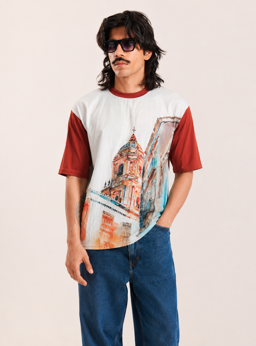 White Cathedral Print Oversized T-Shirt for Men