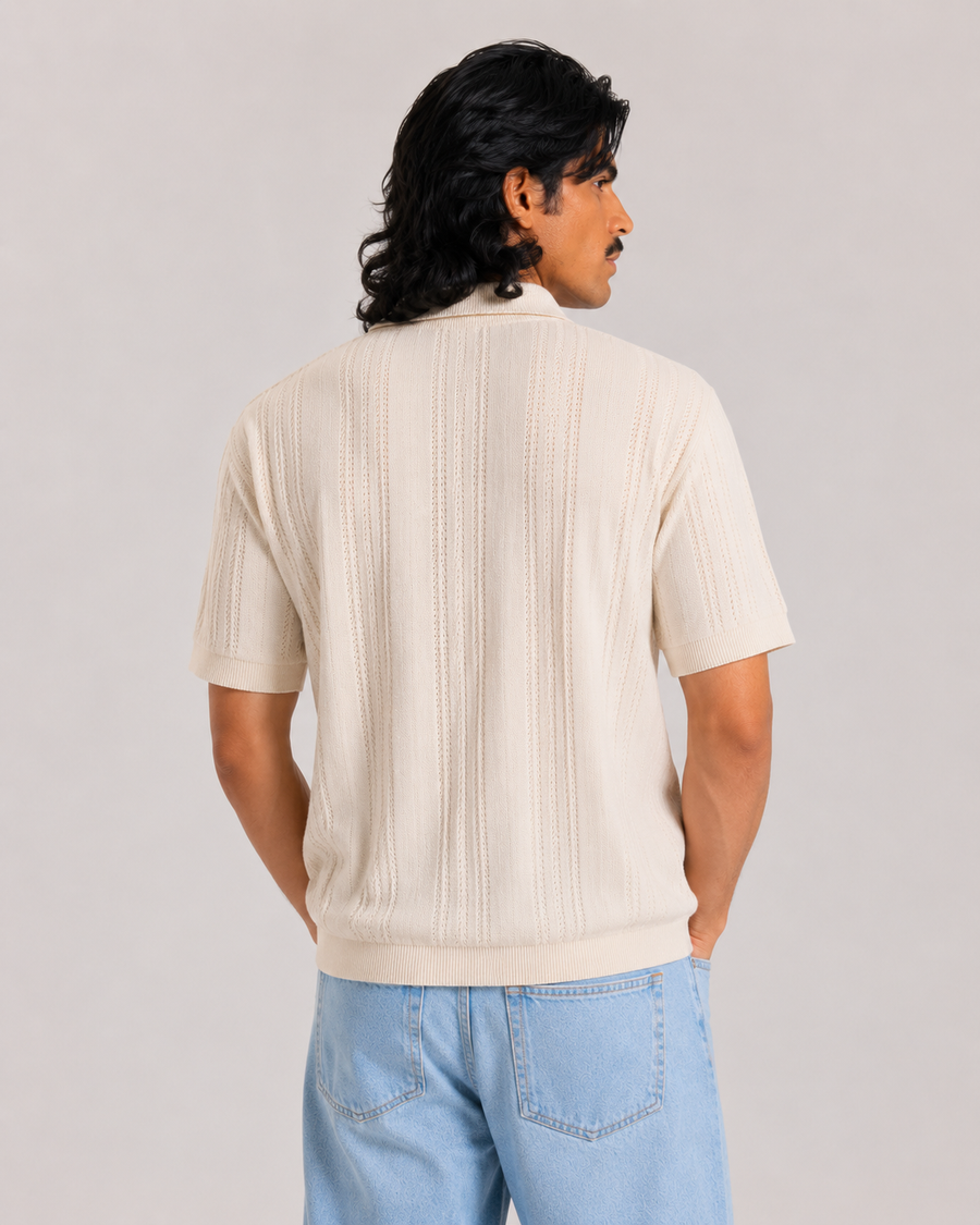Ivory Old Money Jacquard Polo T-Shirt for Men