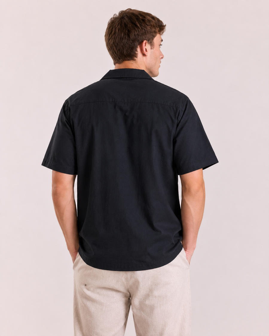 Navy Blue Printed Cuban Collar Shirt for Men