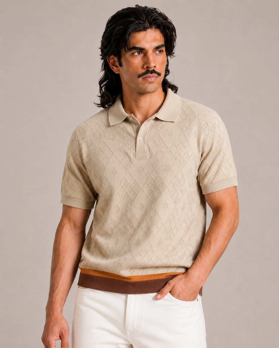 Premium Beige Knit Polo T-Shirt for Men