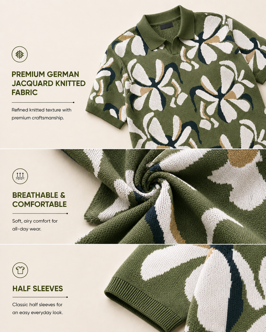 Olive Jacquard Leaf Print Polo T-Shirt for Men