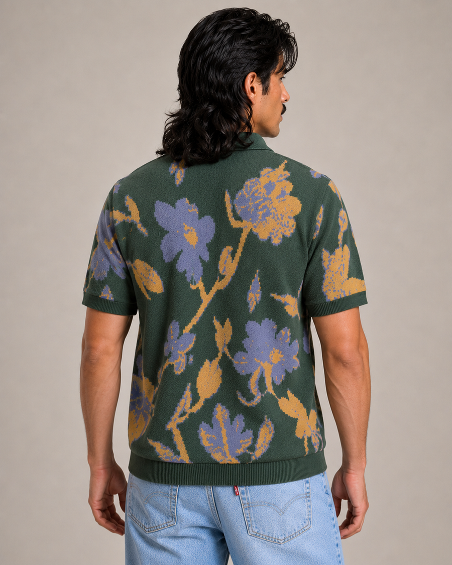Teal Green Jacquard Polo T-Shirt for Men