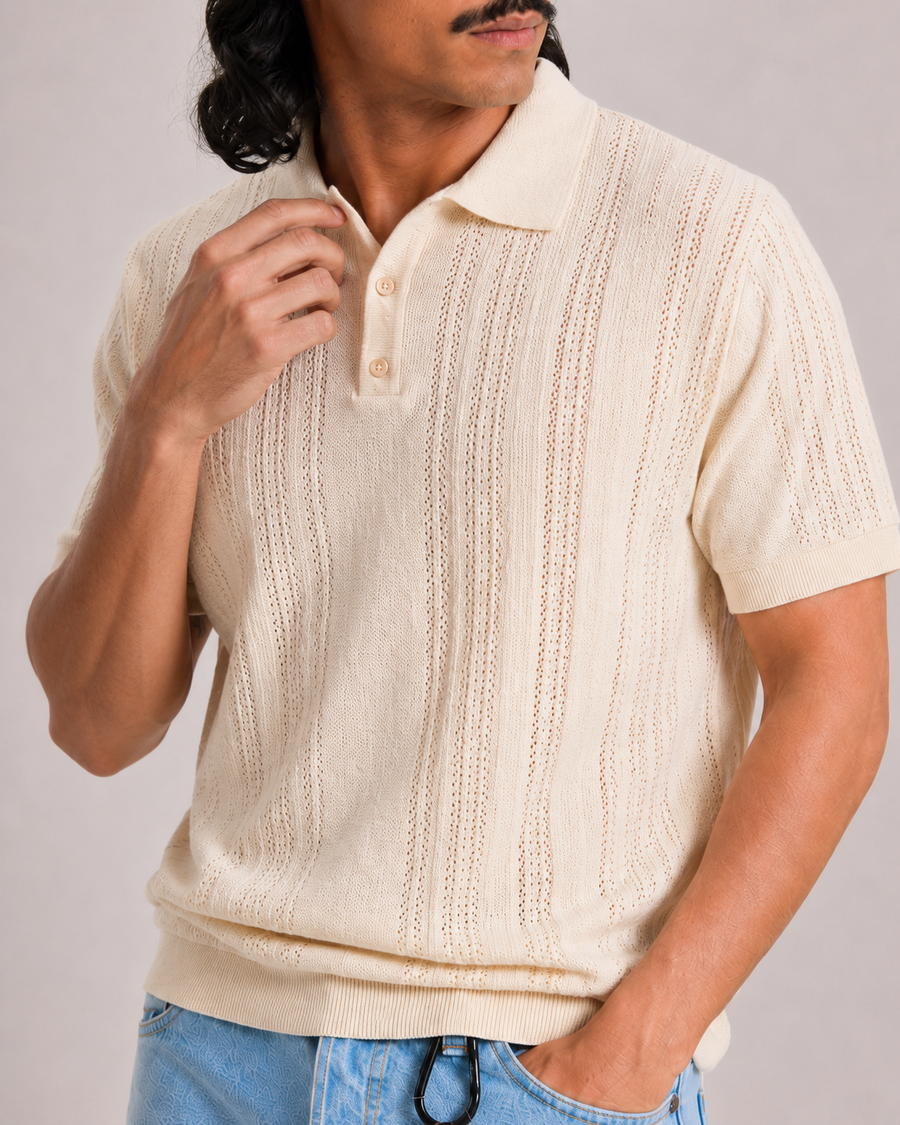 Ivory Old Money Jacquard Polo T-Shirt for Men