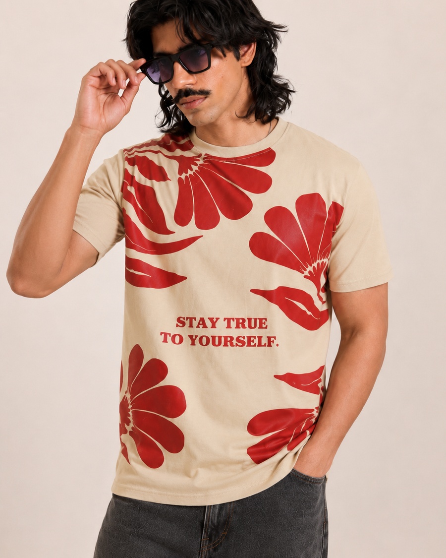 Cream Leaf Print Cotton T-Shirt for Men