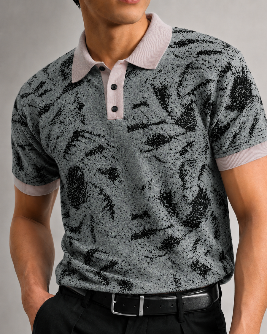 Grey Palm Leaf Polo T-Shirt for Men