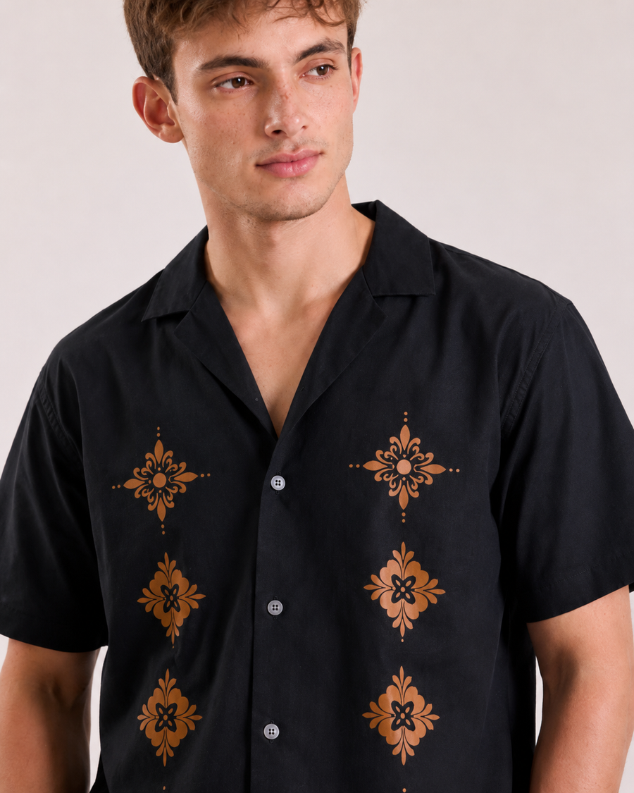 Navy Blue Printed Cuban Collar Shirt for Men
