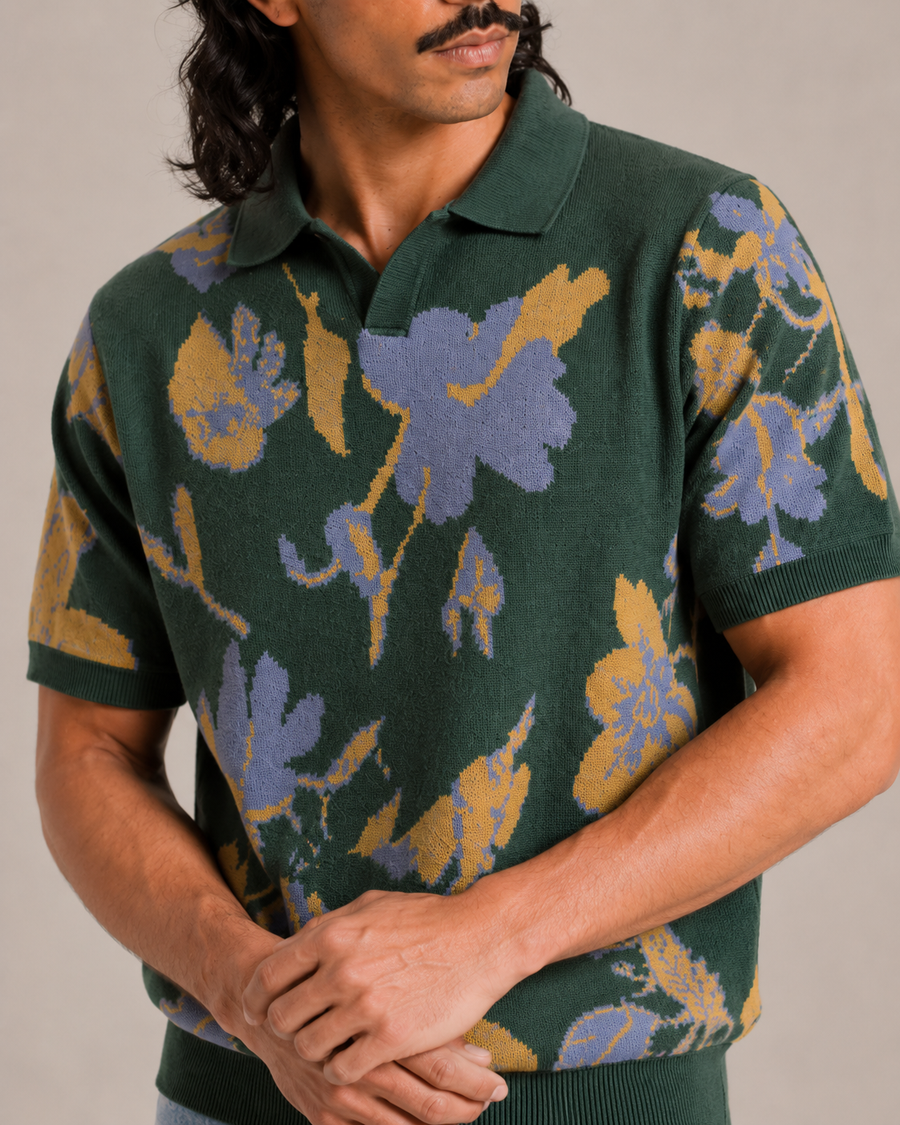 Teal Green Jacquard Polo T-Shirt for Men