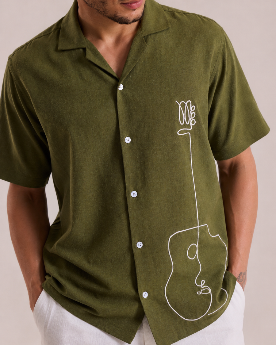 Olive Green Cuban Collar Shirt for Men