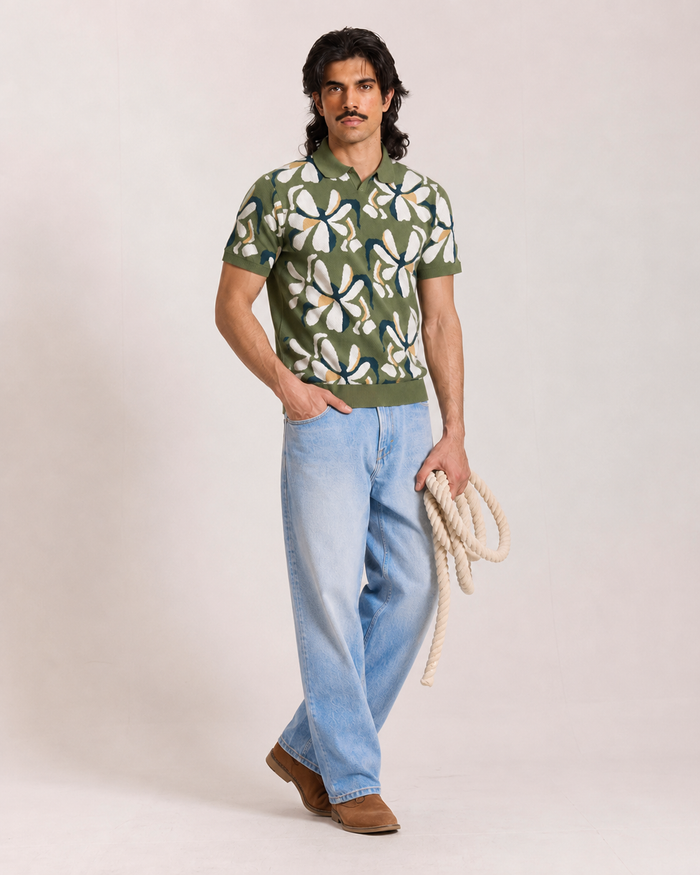 Olive Jacquard Leaf Print Polo T-Shirt for Men
