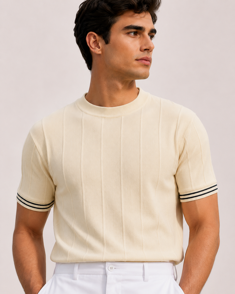 Premium Cream Jacquard Knit T-Shirt for Men