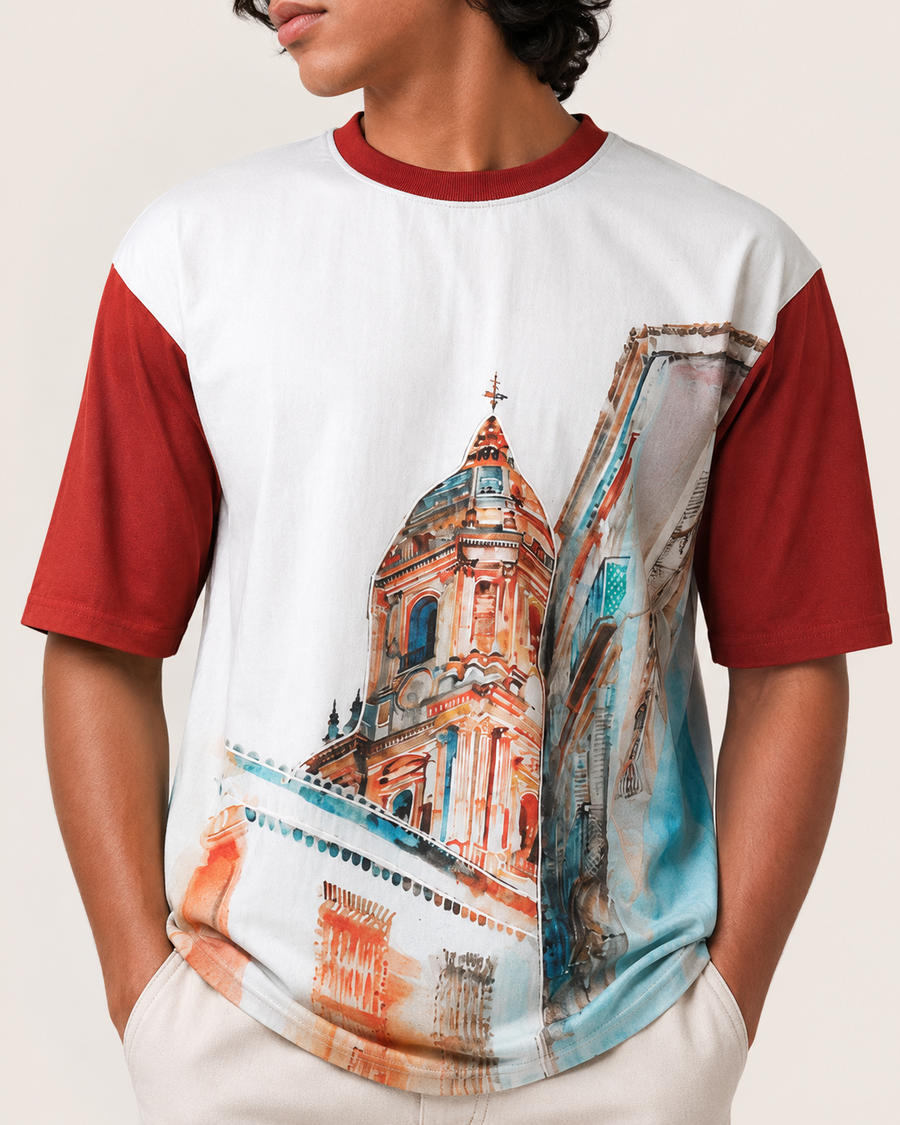 White Cathedral Print Oversized T-Shirt for Men