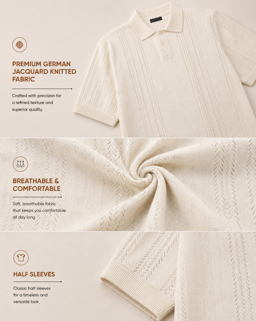 Ivory Old Money Jacquard Polo T-Shirt for Men