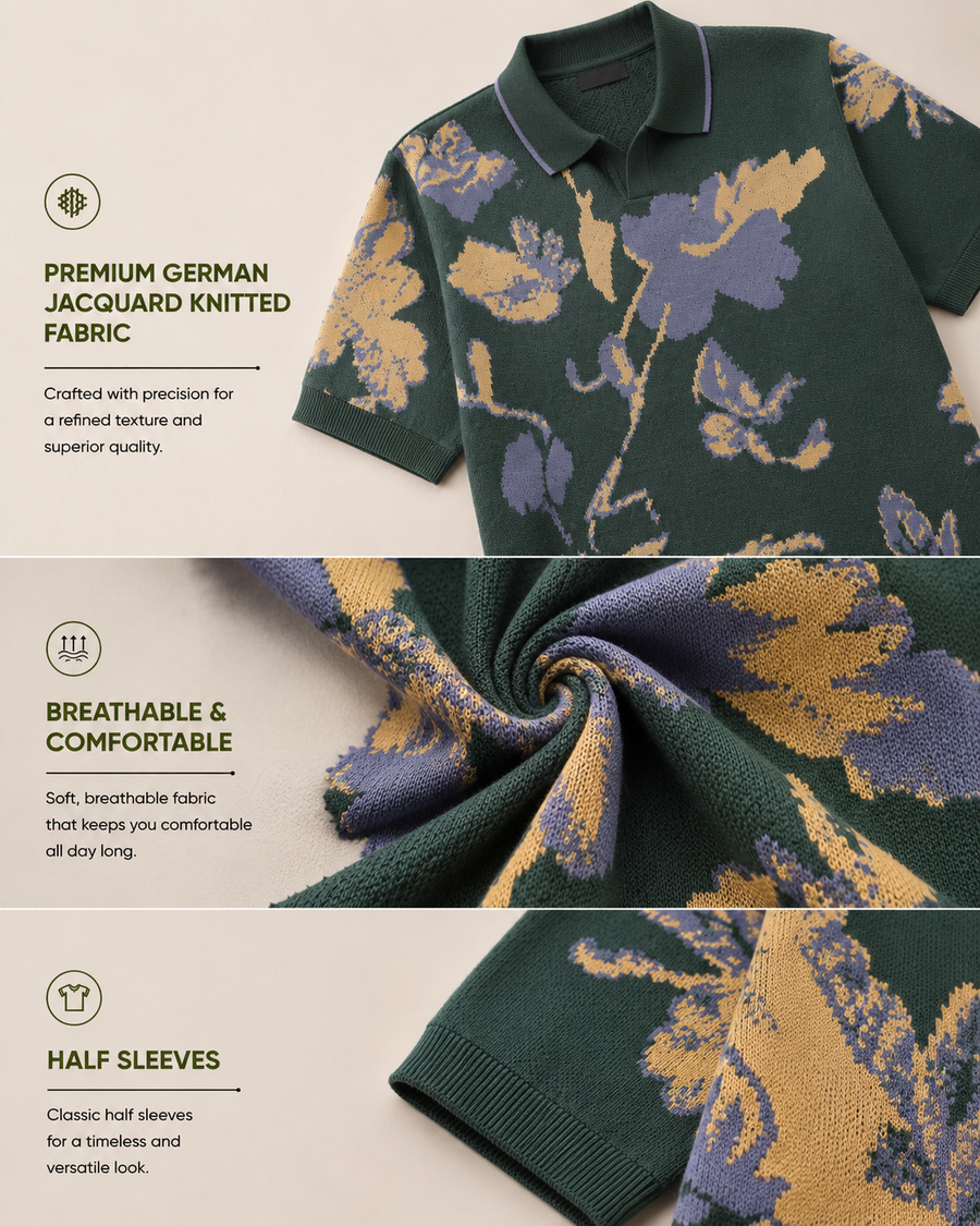 Teal Green Jacquard Polo T-Shirt for Men