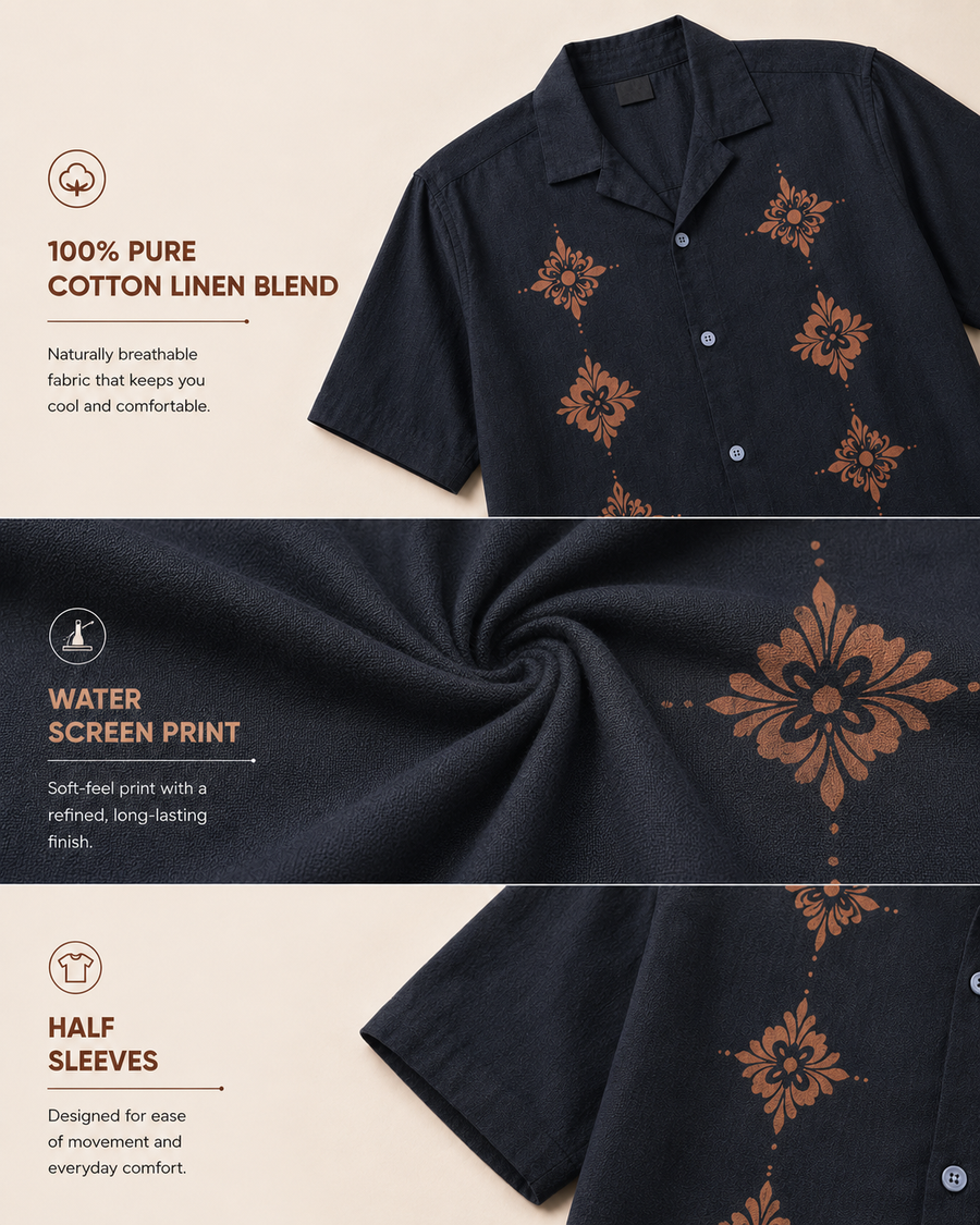Navy Blue Printed Cuban Collar Shirt for Men