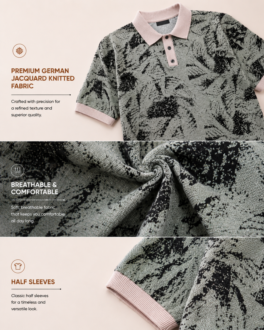 Grey Palm Leaf Polo T-Shirt for Men