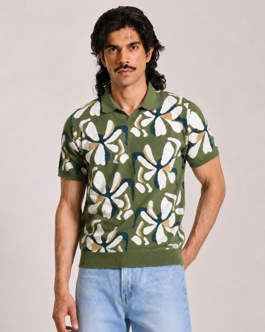 Olive Jacquard Leaf Print Polo T-Shirt for Men