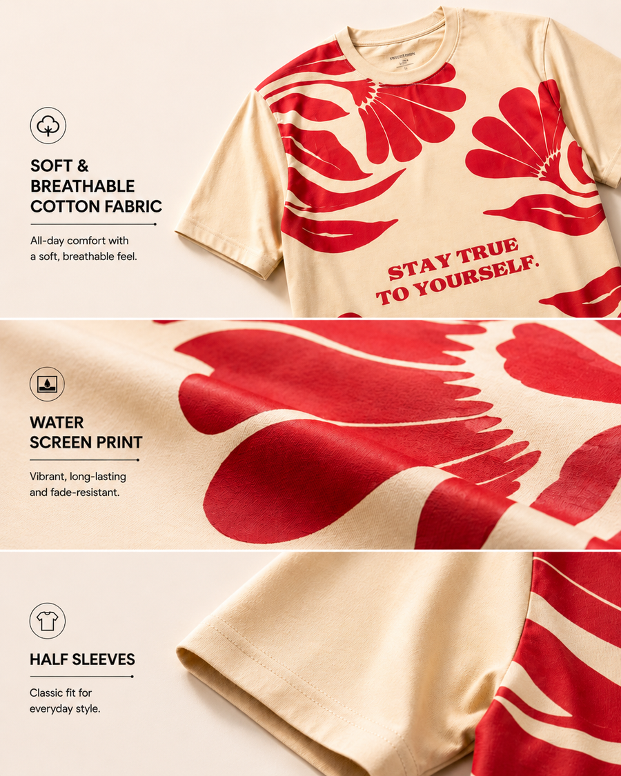 Cream Leaf Print Cotton T-Shirt for Men