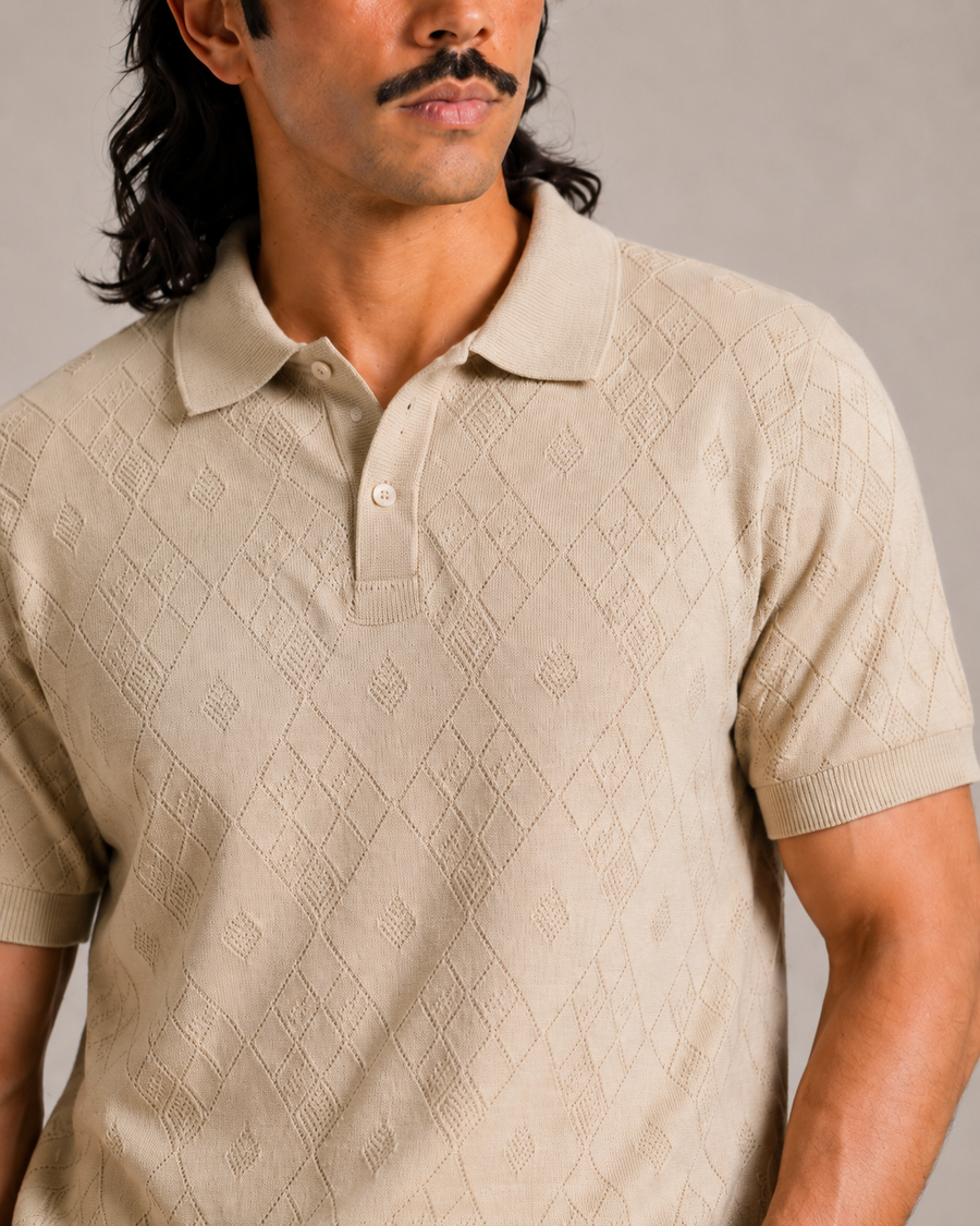 Premium Beige Knit Polo T-Shirt for Men