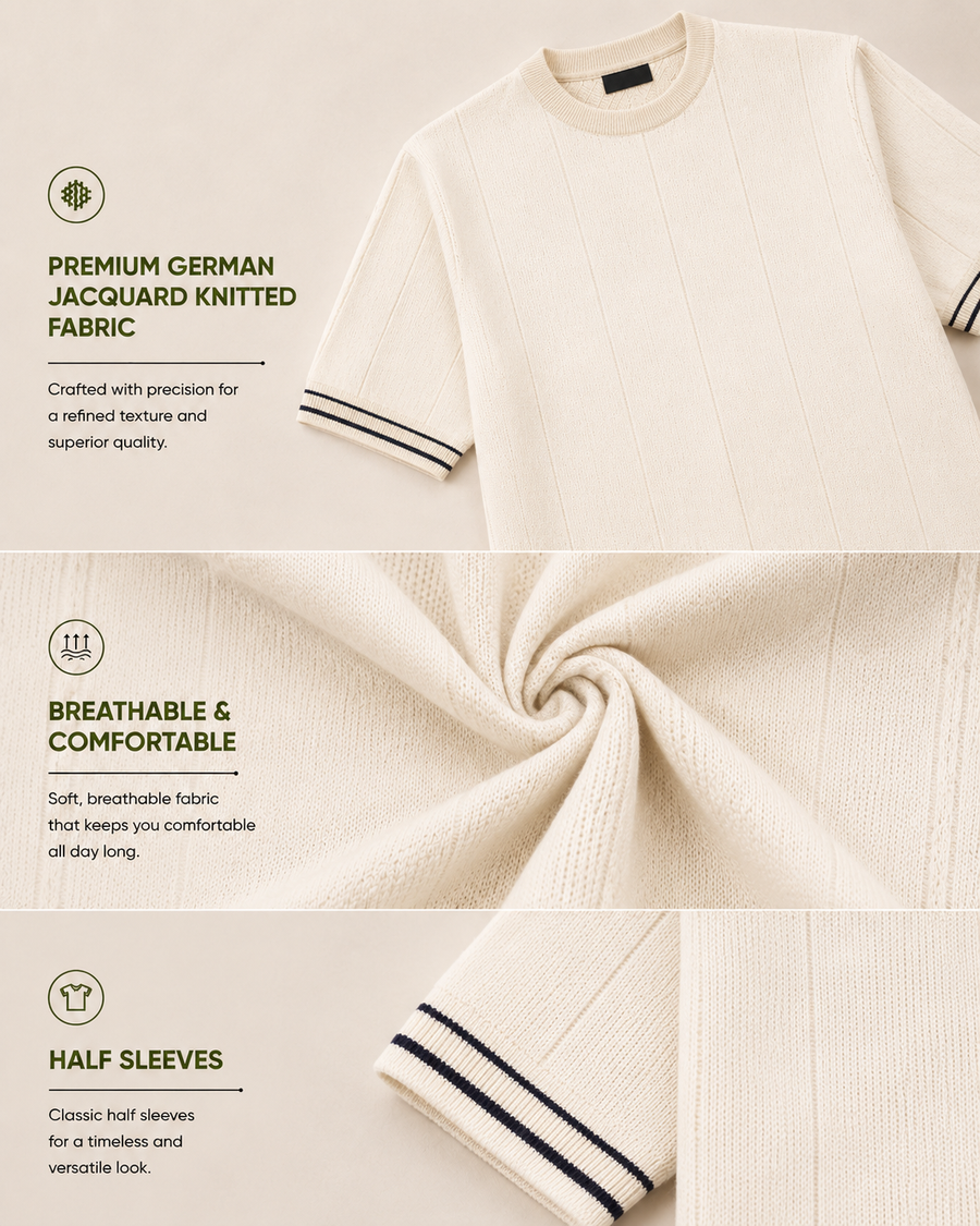 Premium Cream Jacquard Knit T-Shirt for Men