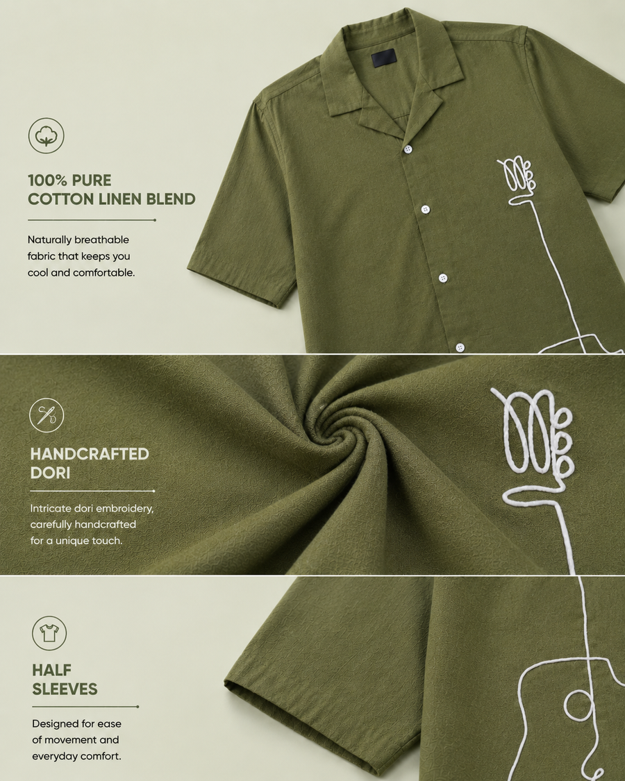 Olive Green Cuban Collar Shirt for Men