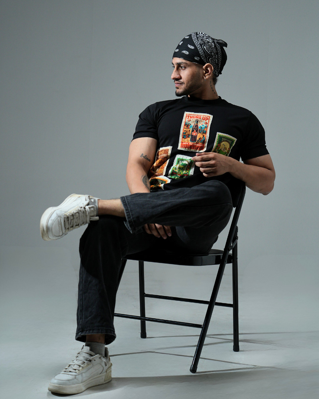 Premium Black Round neck Street Food tshirt with fabric patching