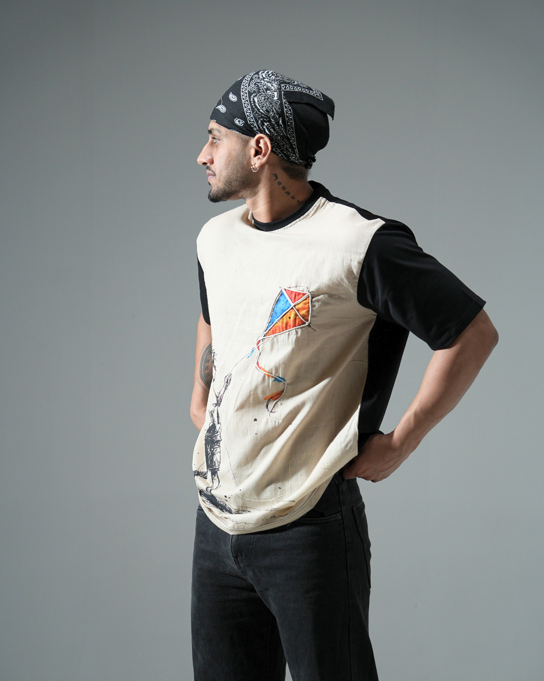organic Black Hemp Flying Kite tshirt with DTG print & with hand dori work