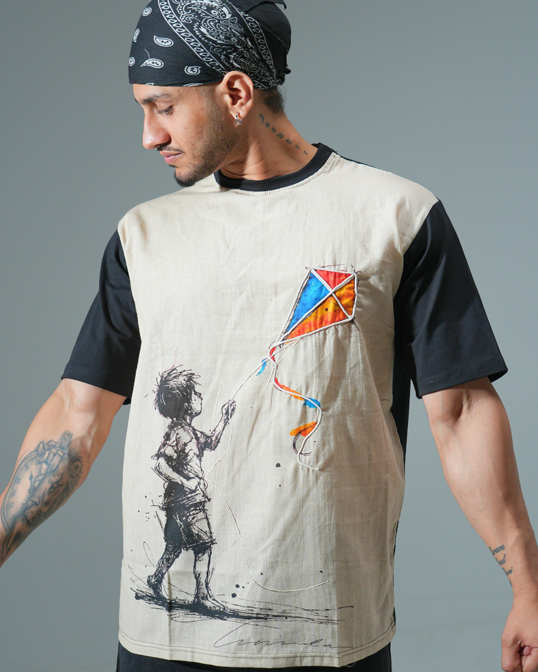 organic Black Hemp Flying Kite tshirt with DTG print & with hand dori work