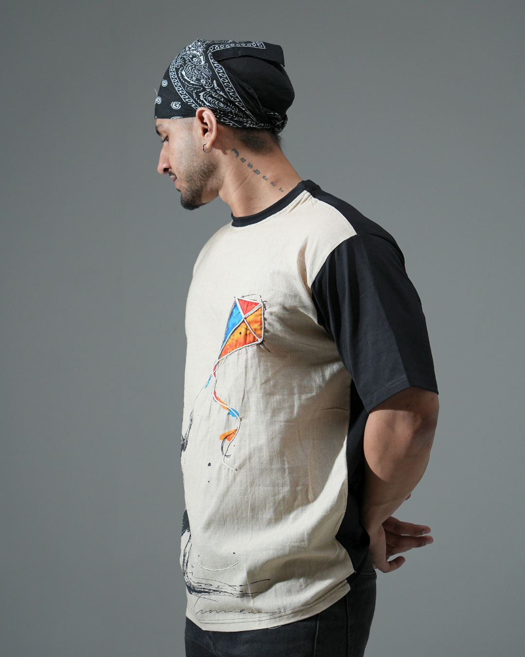 organic Black Hemp Flying Kite tshirt with DTG print & with hand dori work