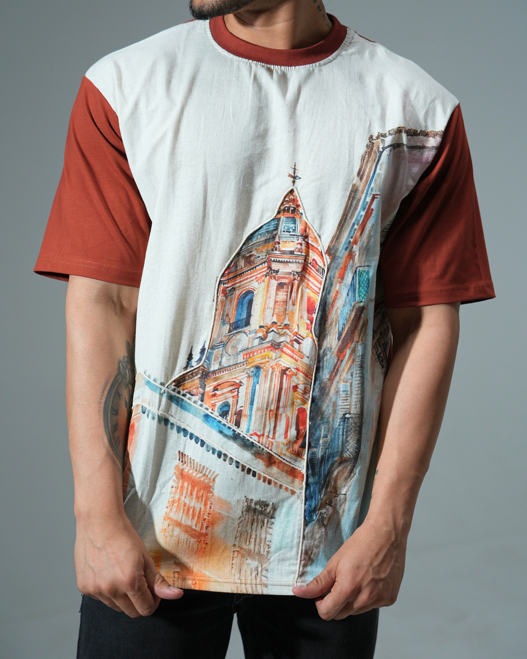 organic Rust Brown Hemp Street View tshirt with DTG print & with hand dori work