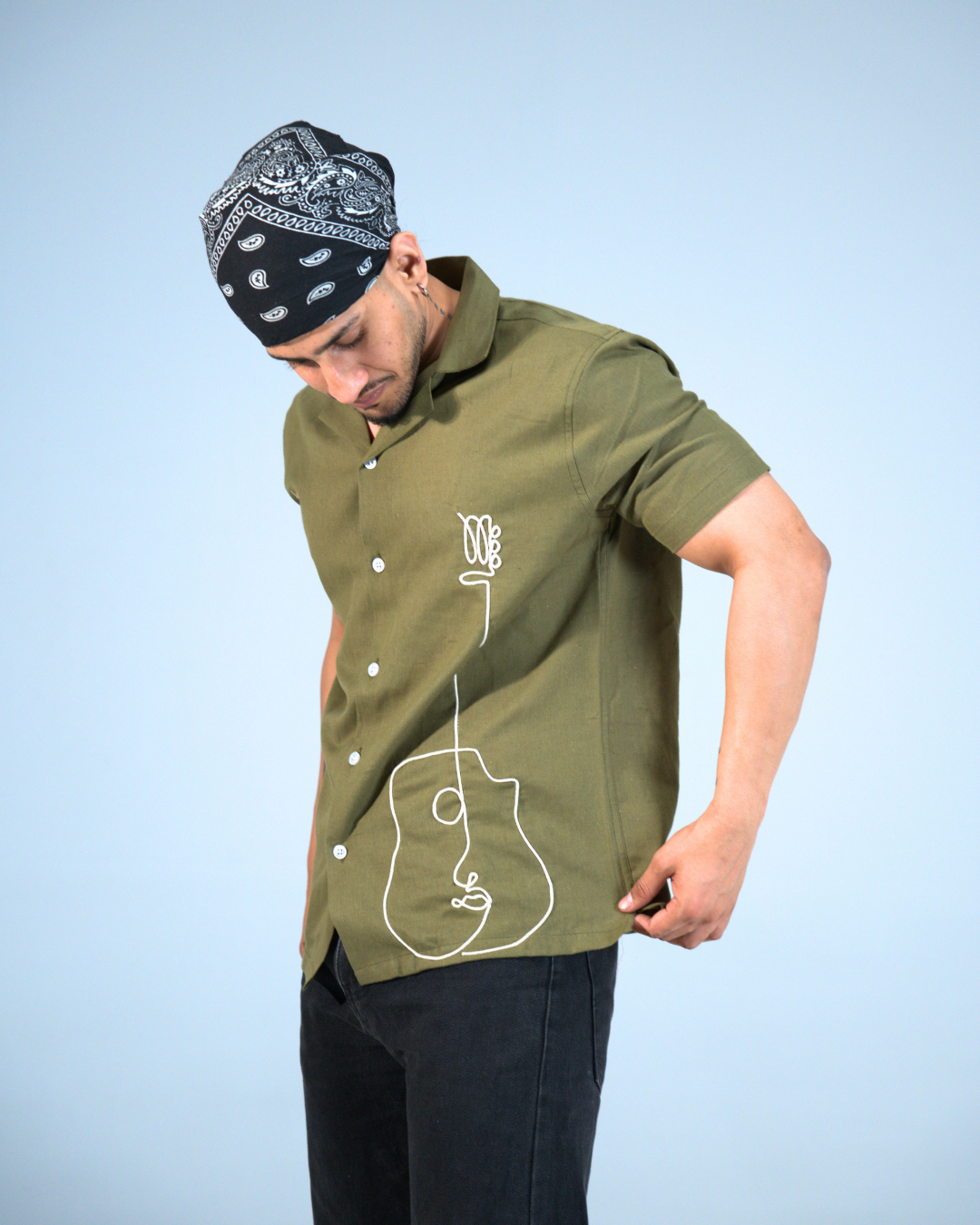 Premium Olive Green Hand & embroidery work casual shirt
